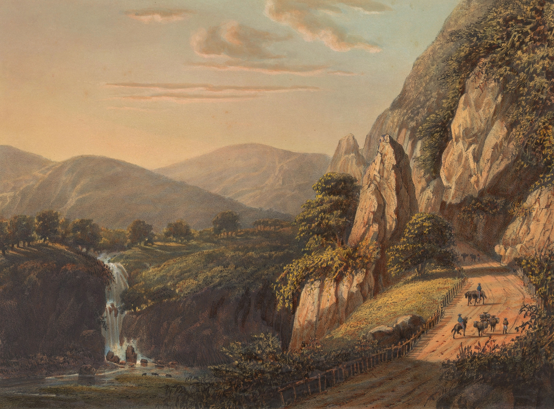 Gezicht op een waterval en landweg in Preanger op Java. In het Sumandansche, by Johan Conrad Greive, public domain