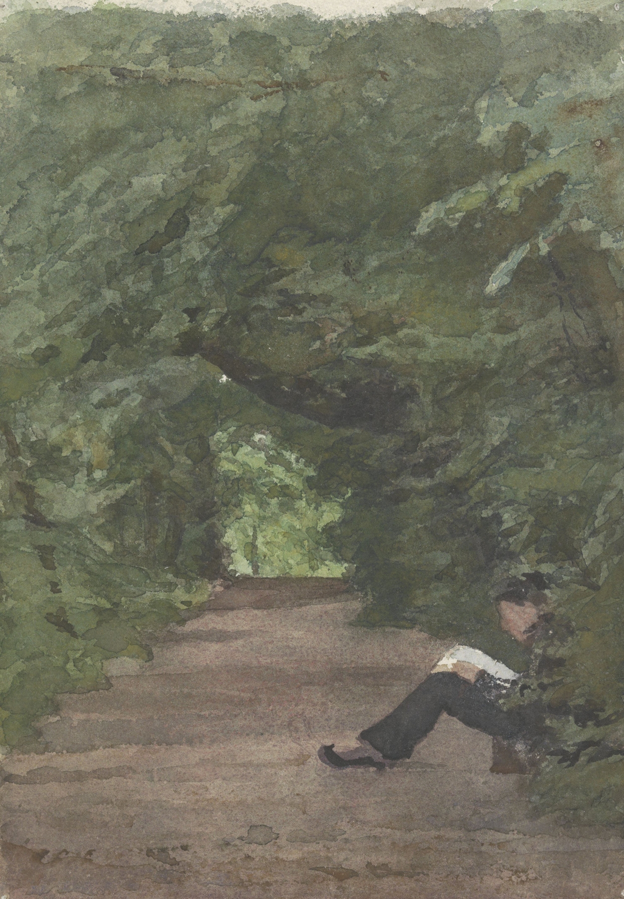 Lezende man in boslaan by Jan Veth, oil painting of a reclining figure in a forest