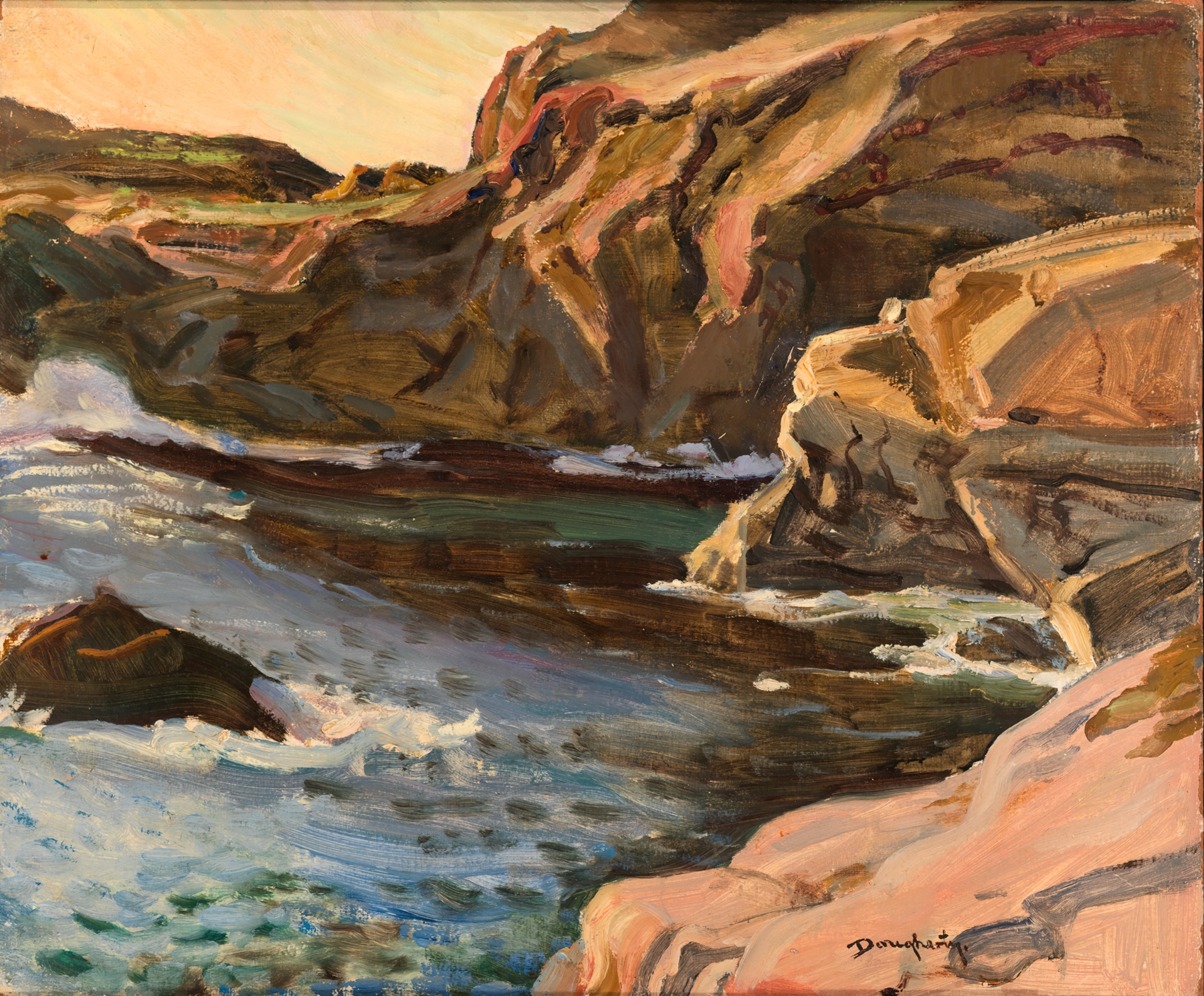 California Cliffs oil painting by Paul Dougherty, depicting cliffs and a sunset.