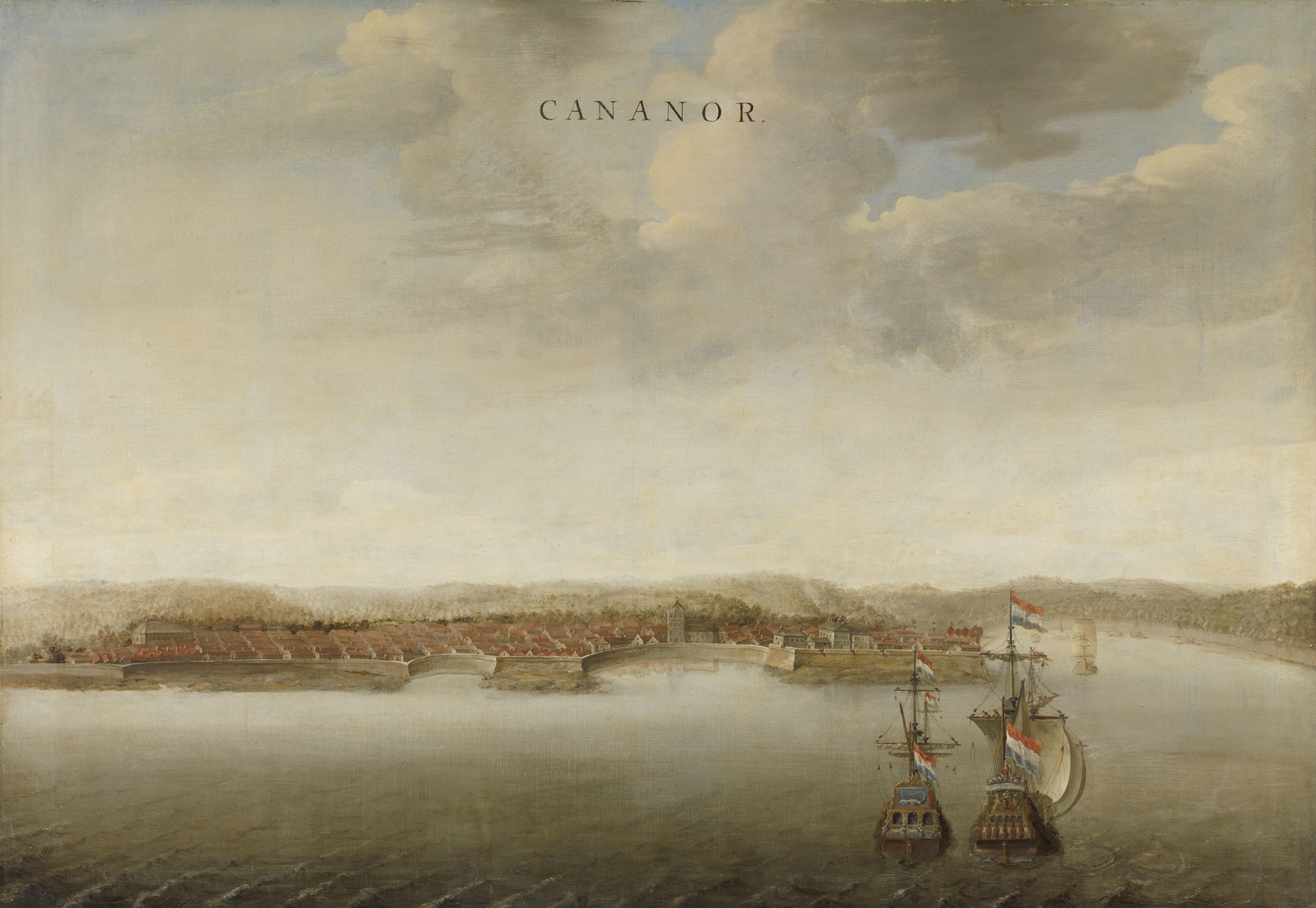 View of Cannanore on the Malabar Coast in India, oil painting by Johannes Vinckboons