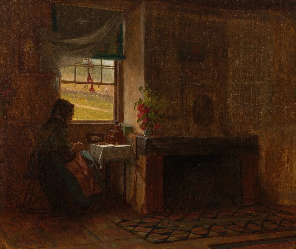 Eastman Johnson's 'Interior of a Farmhouse in Maine' captures a serene domestic scene.