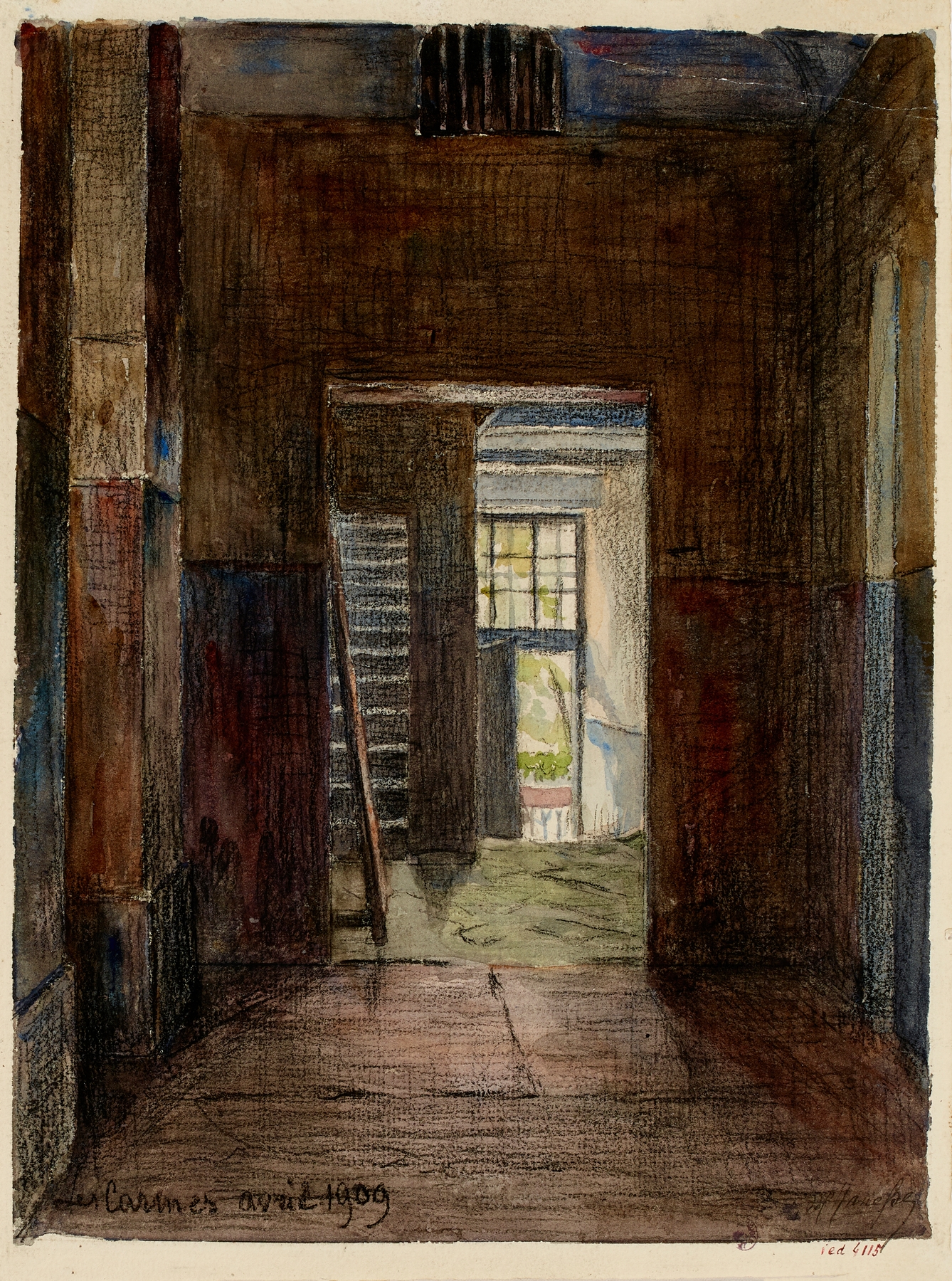 Interior of a convent with wooden pews, by Georges-Henri Manesse, oil painting