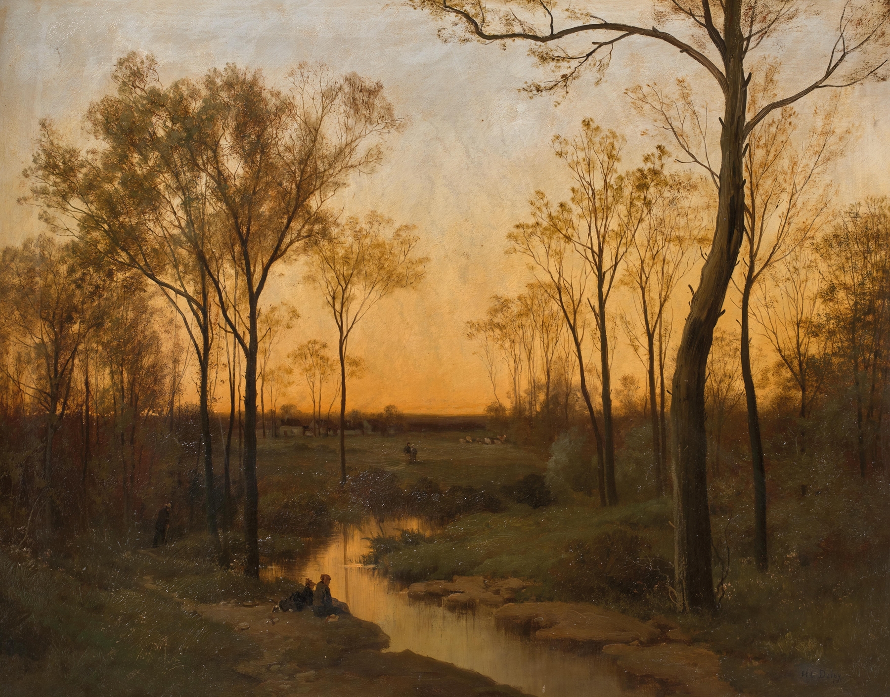 Sunset oil painting by Hippolyte Camille Delpy depicting a vibrant horizon with orange and pink hues.