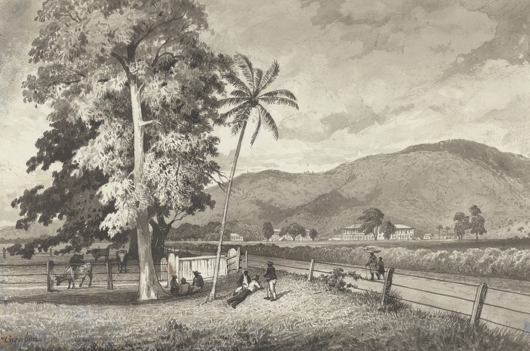 Genre scene depicting children playing in a playground with St. James’ Barracks, by Michel Jean Cazabon