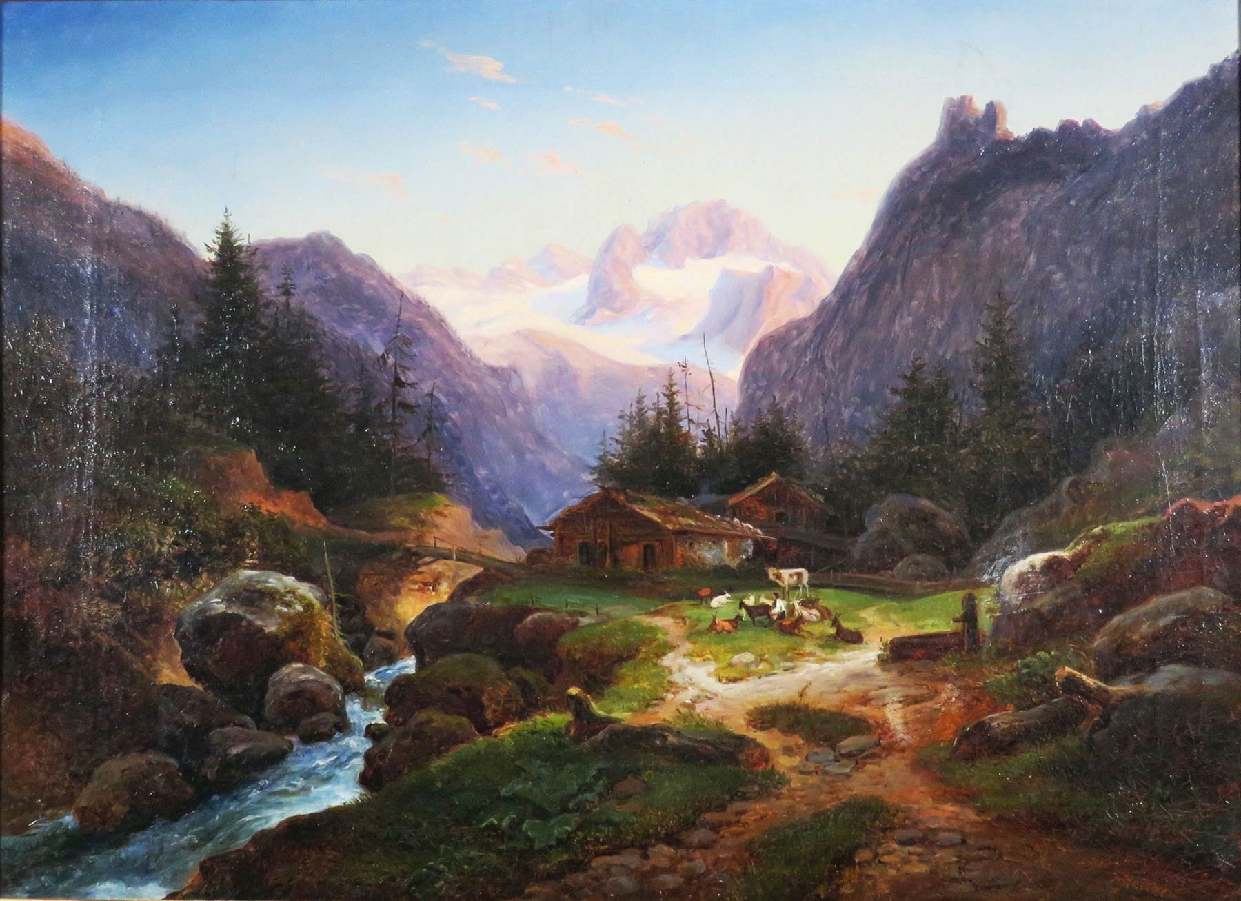 Landscape with mountains and wildflowers, oil on canvas by Joseph Heicke