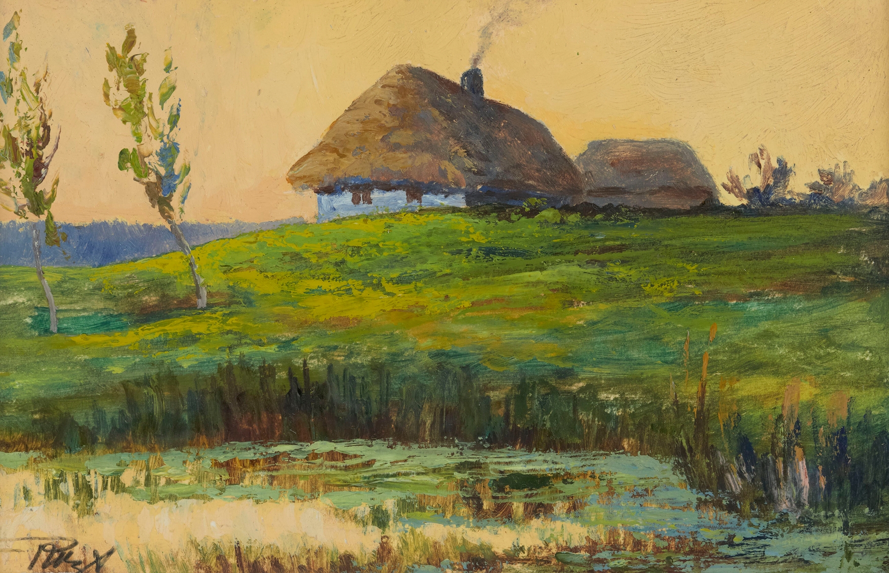 Landscape with huts on a hill, by Wacław Wąsowicz, public domain