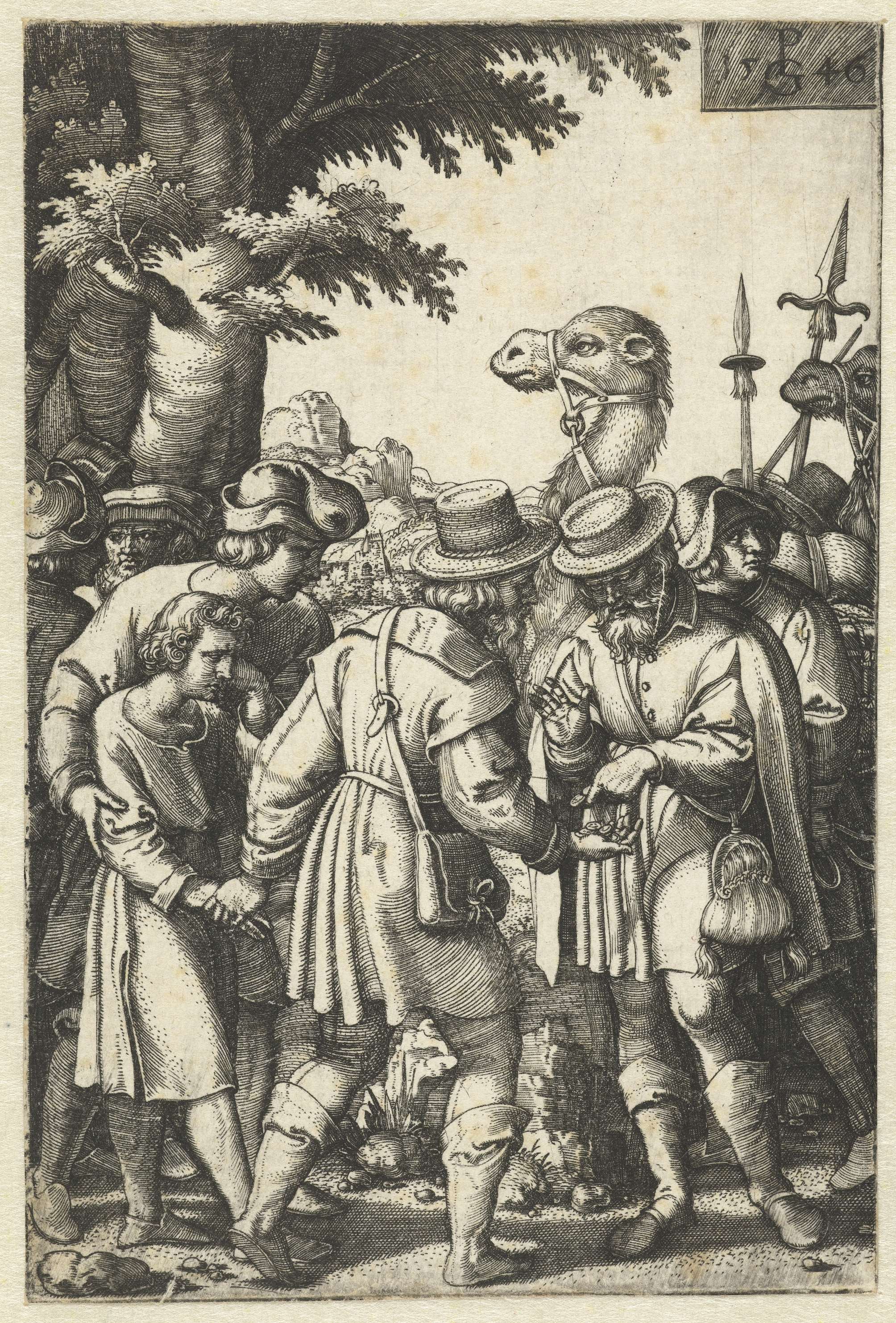 Jozef wordt verkocht aan kooplieden op weg naar Egypte, by Georg Pencz, public domain