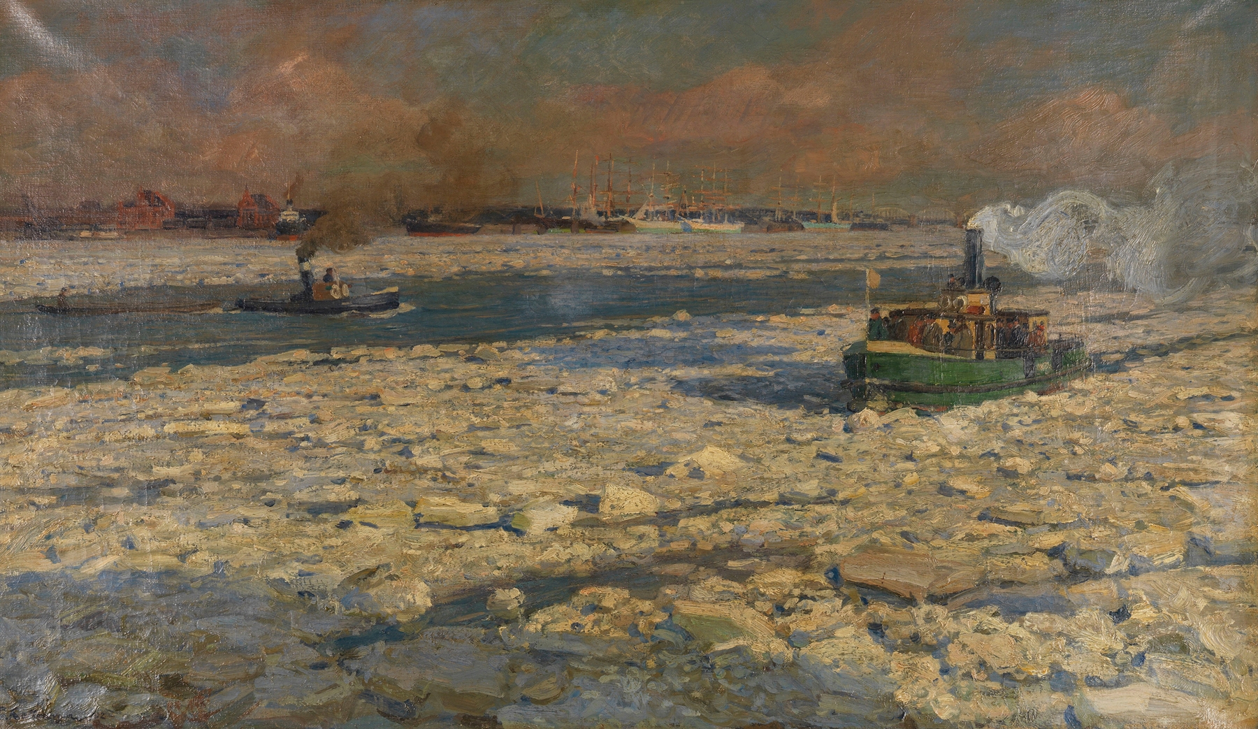 Grüner Fährdampfer im Eis auf der Elbe. ‘Wintersonne’, by Friedrich Kallmorgen, public domain