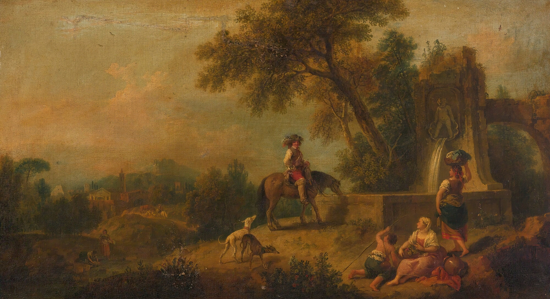Rococo landscape with peasants, fountain, and rider by Francesco Zuccarelli
