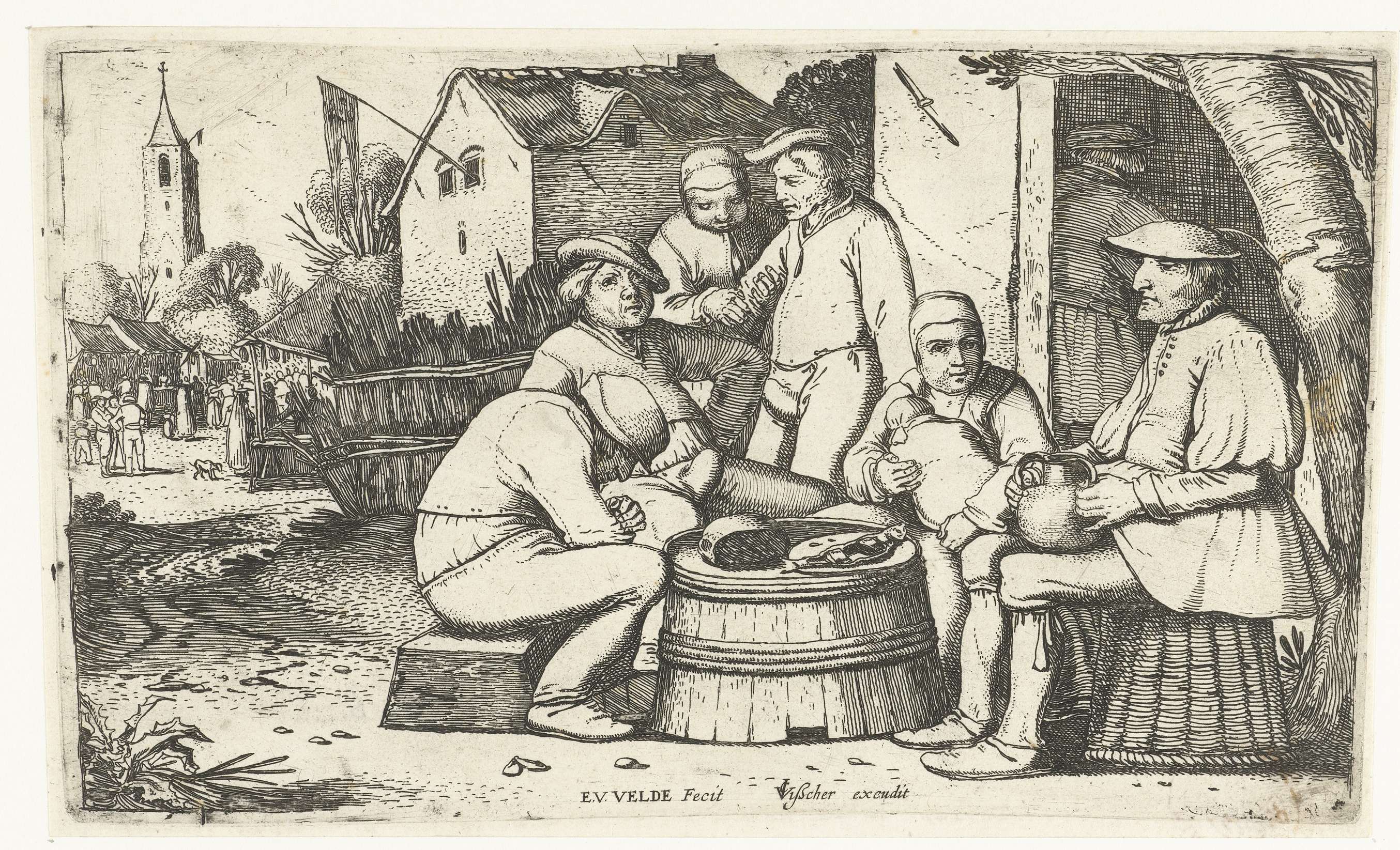 Etching by Esaias van de Velde showing peasants around a barrel