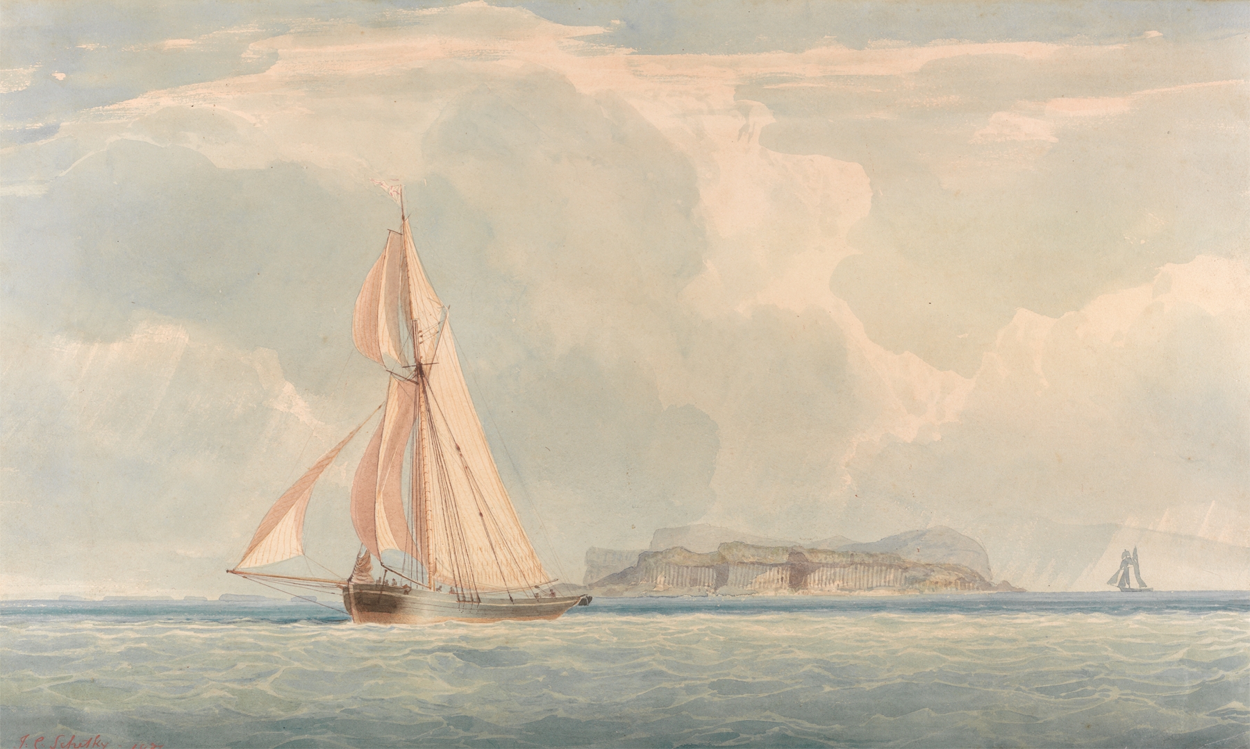 Boat sailing on the ocean with an island in the background, oil on canvas by John Christian Schetky.