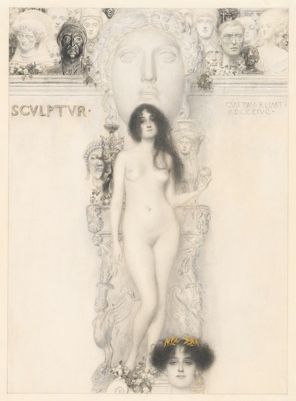 Gustav Klimt's 'Sculptur' features intricate patterns and a focus on the human figure.