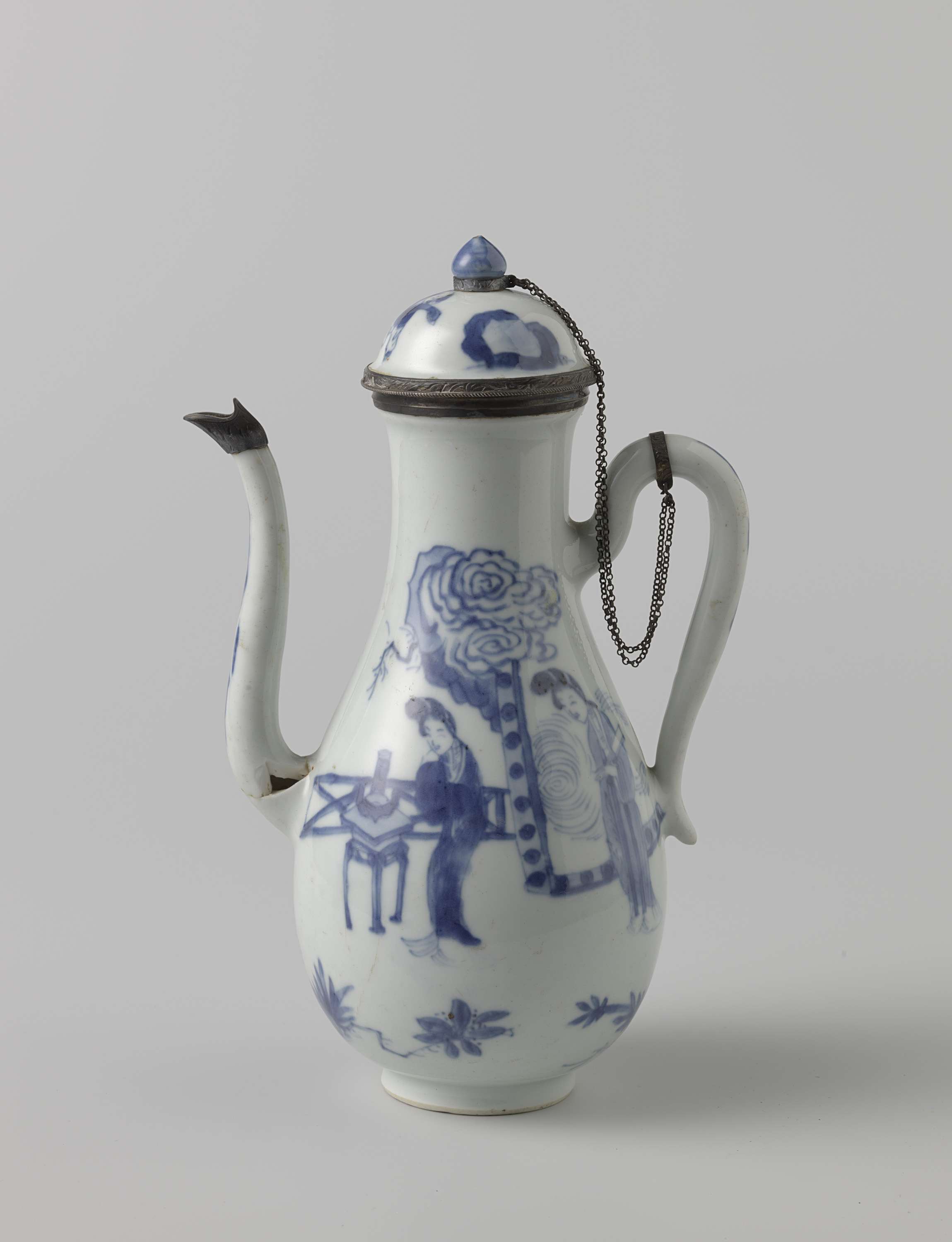 Pear-shaped milk jug with silver mounts, ceramic medium, unknown artist