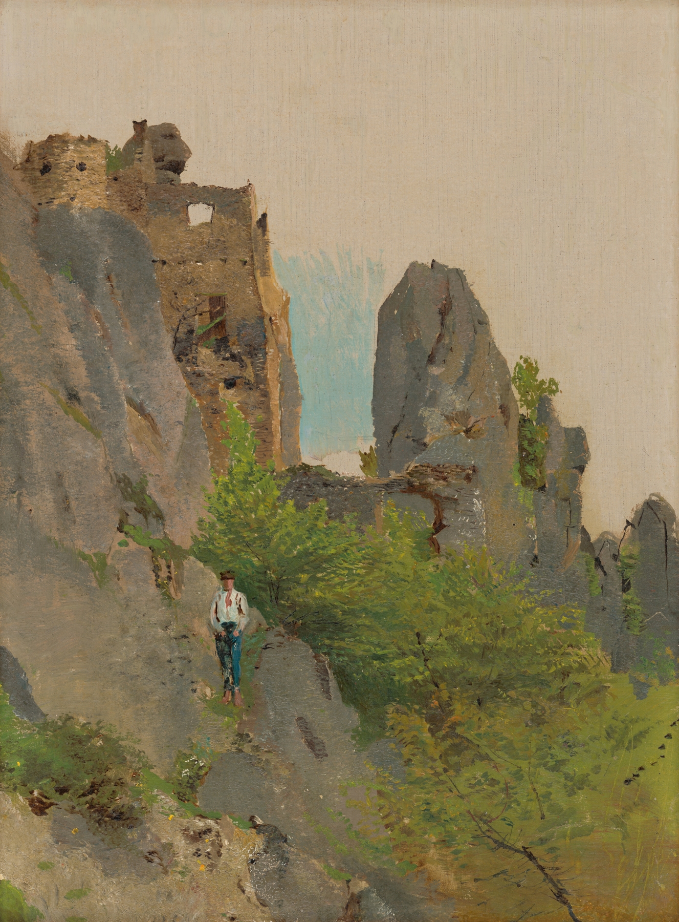 Landscape of ruins and hills in oil painting by Ladislav Mednyánszky