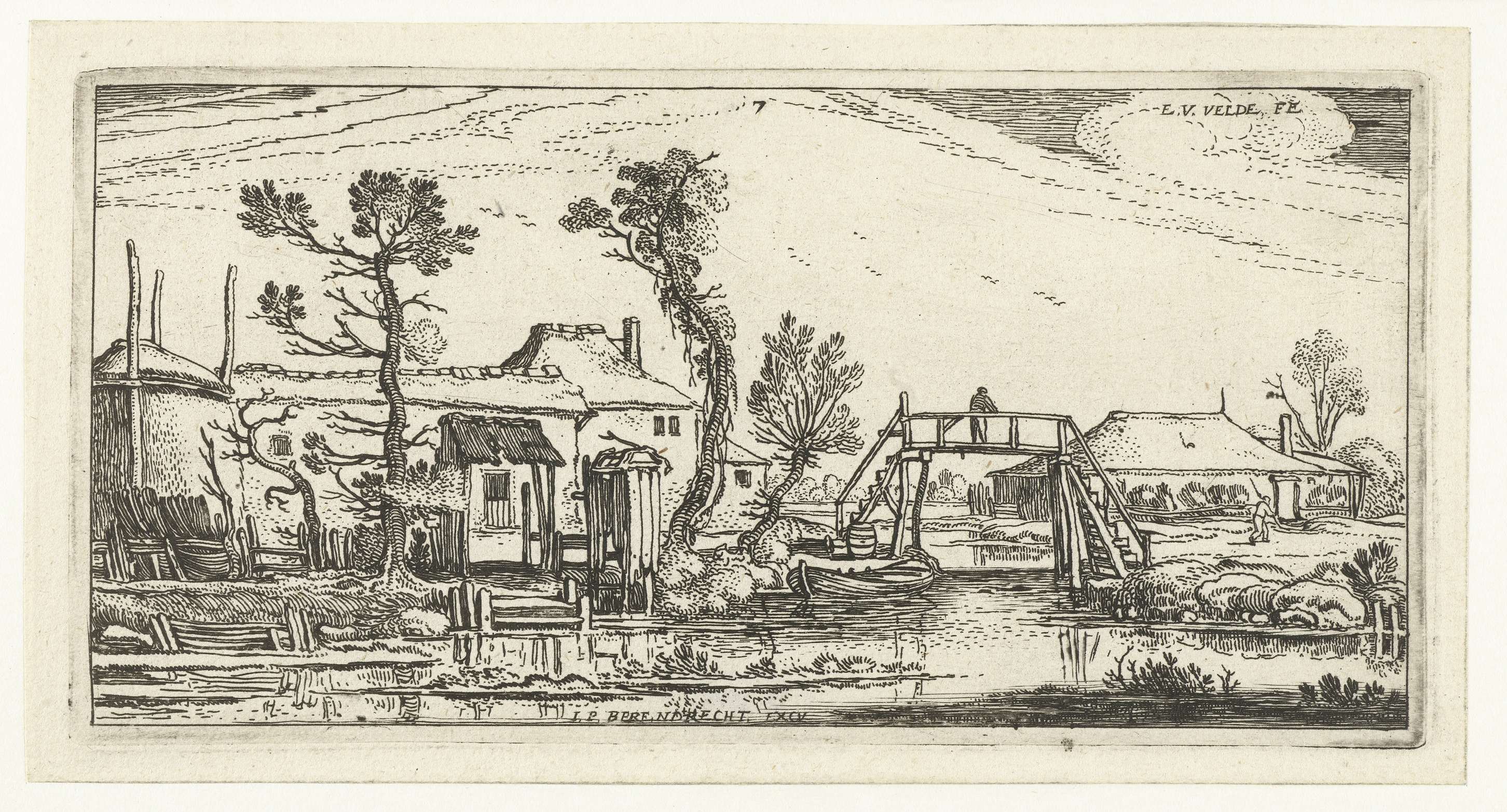 Etching by Esaias van de Velde depicting a farmhouse by a canal with golden light