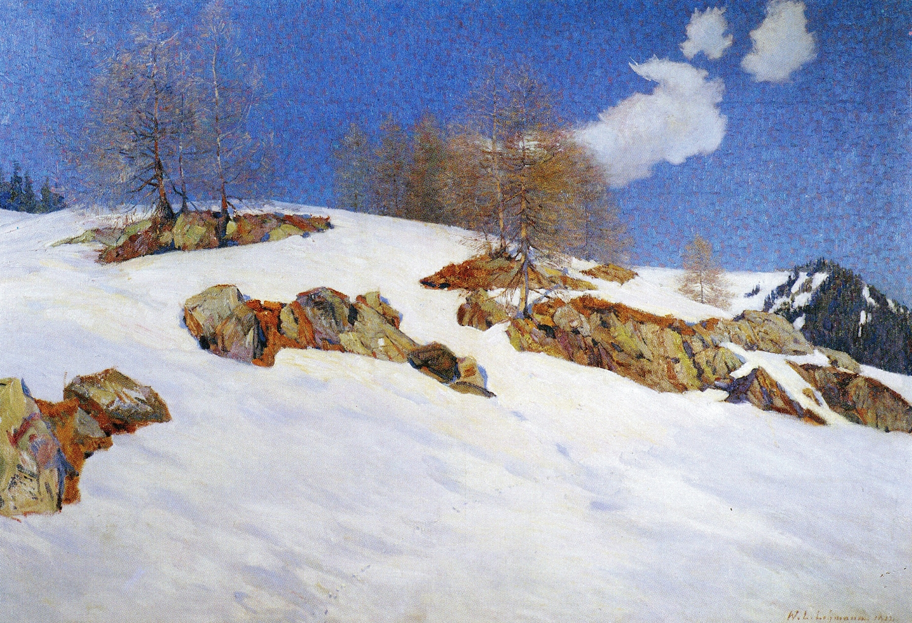 Impressionist landscape by Wilhelm Ludwig Lehmann, depicting sunlight over a snowy mountain.