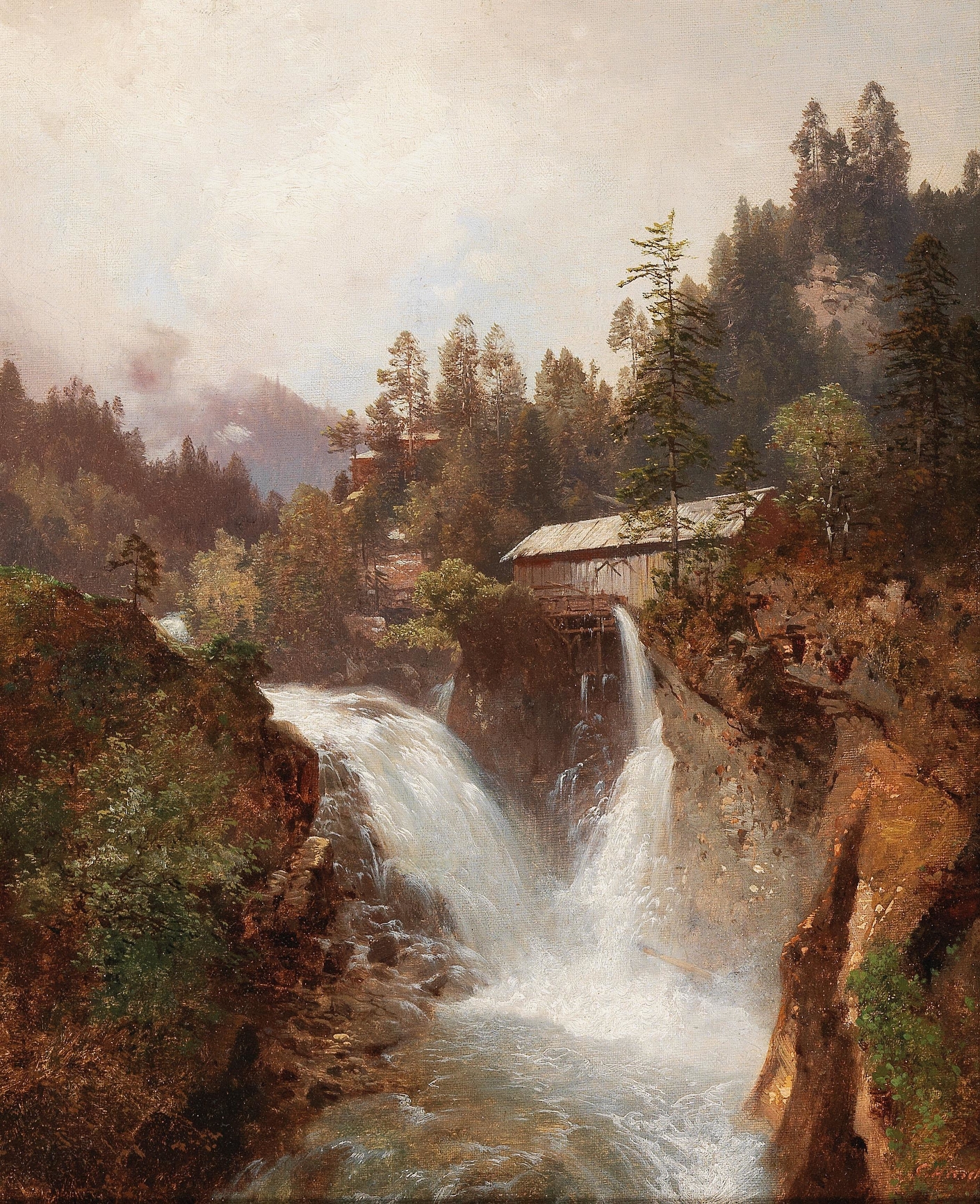 Waterfall by Carl Hasch, oil on canvas depicting a vibrant waterfall with sunlight breaking through foliage.