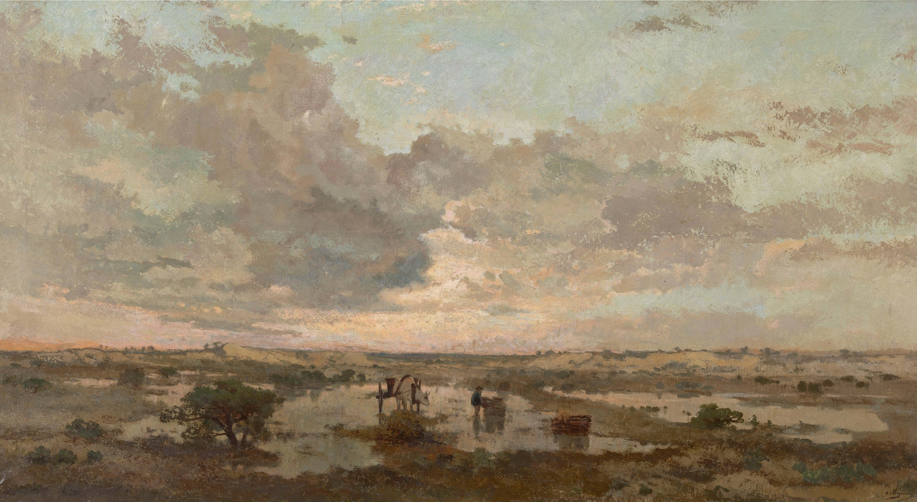 Sunset on the Heath by Adrien-Joseph Heymans, oil on canvas depicting a vibrant sunset.