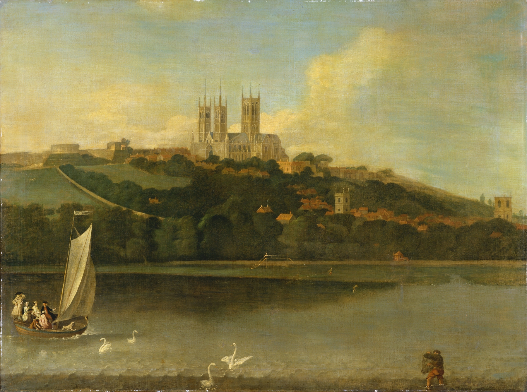A river reflects the gothic cathedral in Joseph Baker's oil painting.