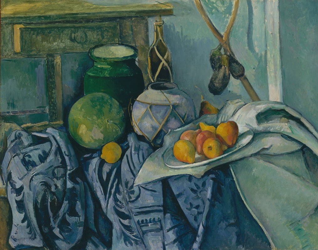 A still life painting featuring a ginger jar and eggplants.