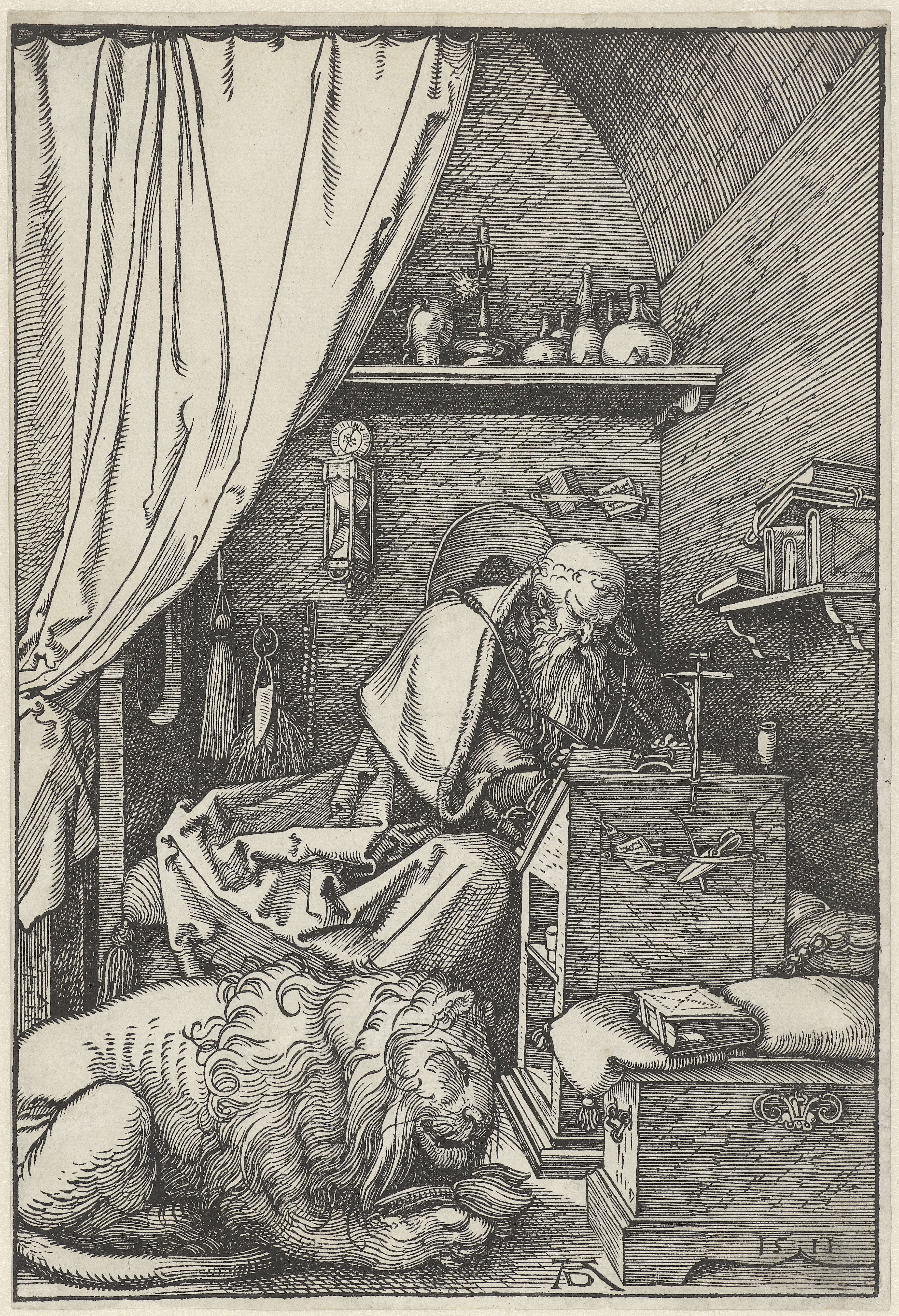 De Heilige Hiëronymus in zijn studeervertrek, by Albrecht Dürer, public domain