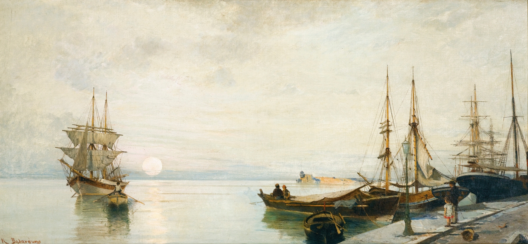 Sunset Over A Greek Port, oil on canvas by Konstantinos Volanakis