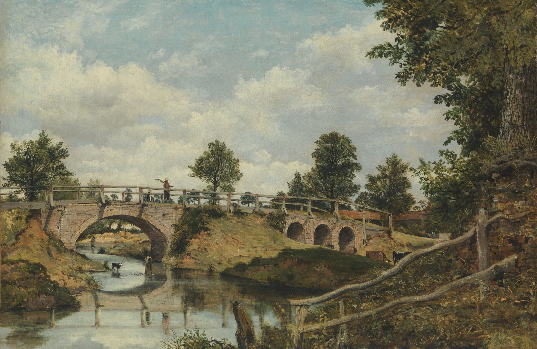 An old bridge over a river, oil painting by Frederick Waters Watts