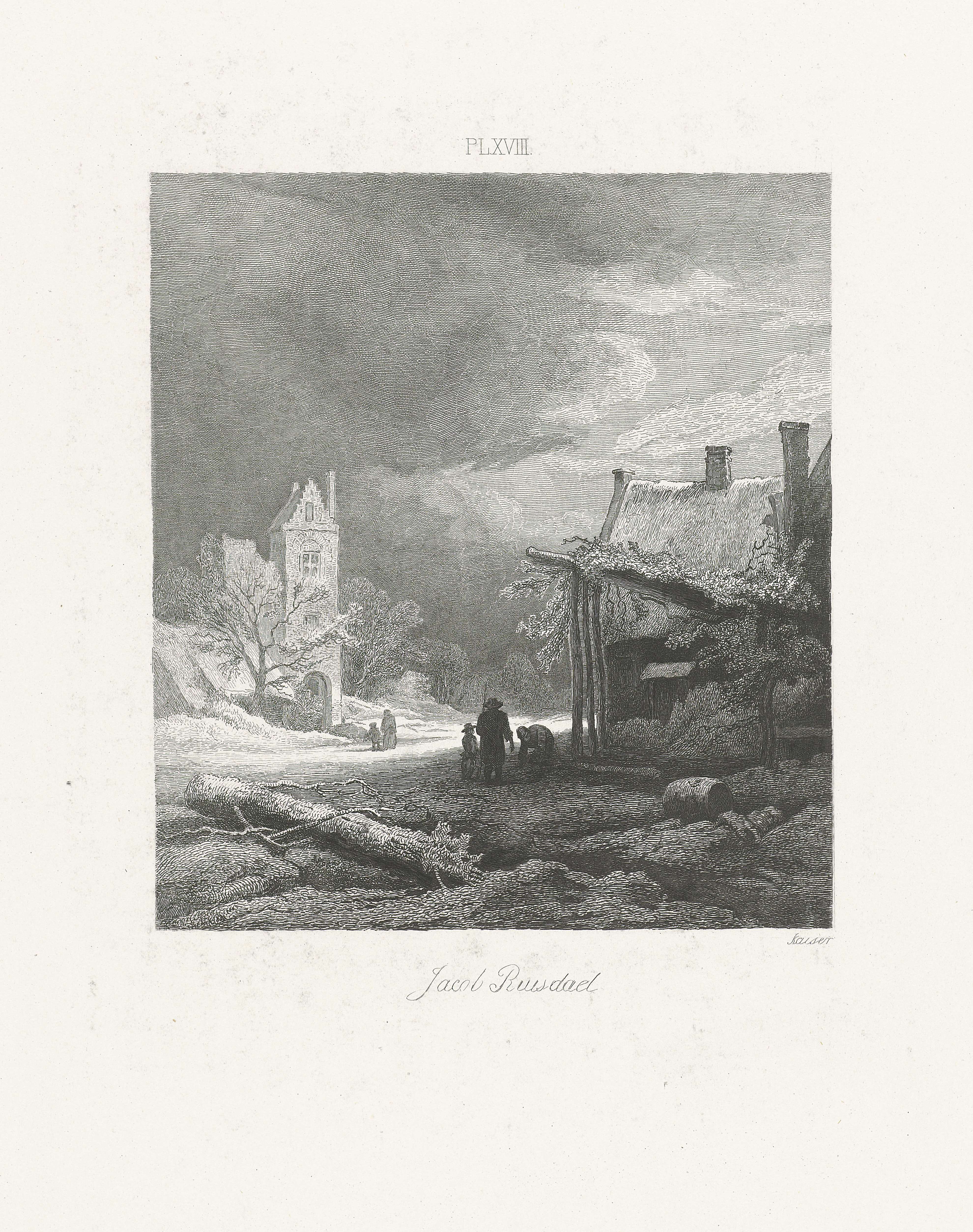 Winter landscape with a tower, etching by Johann Wilhelm Kaiser