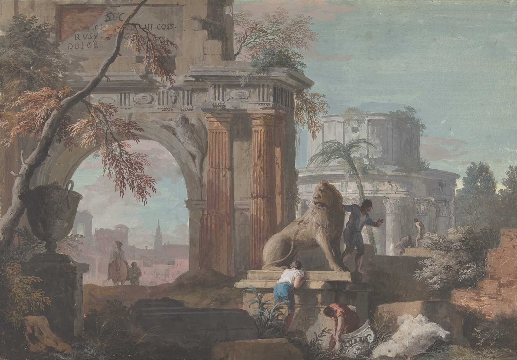 Capriccio with Roman Ruins, by Marco Ricci, public domain