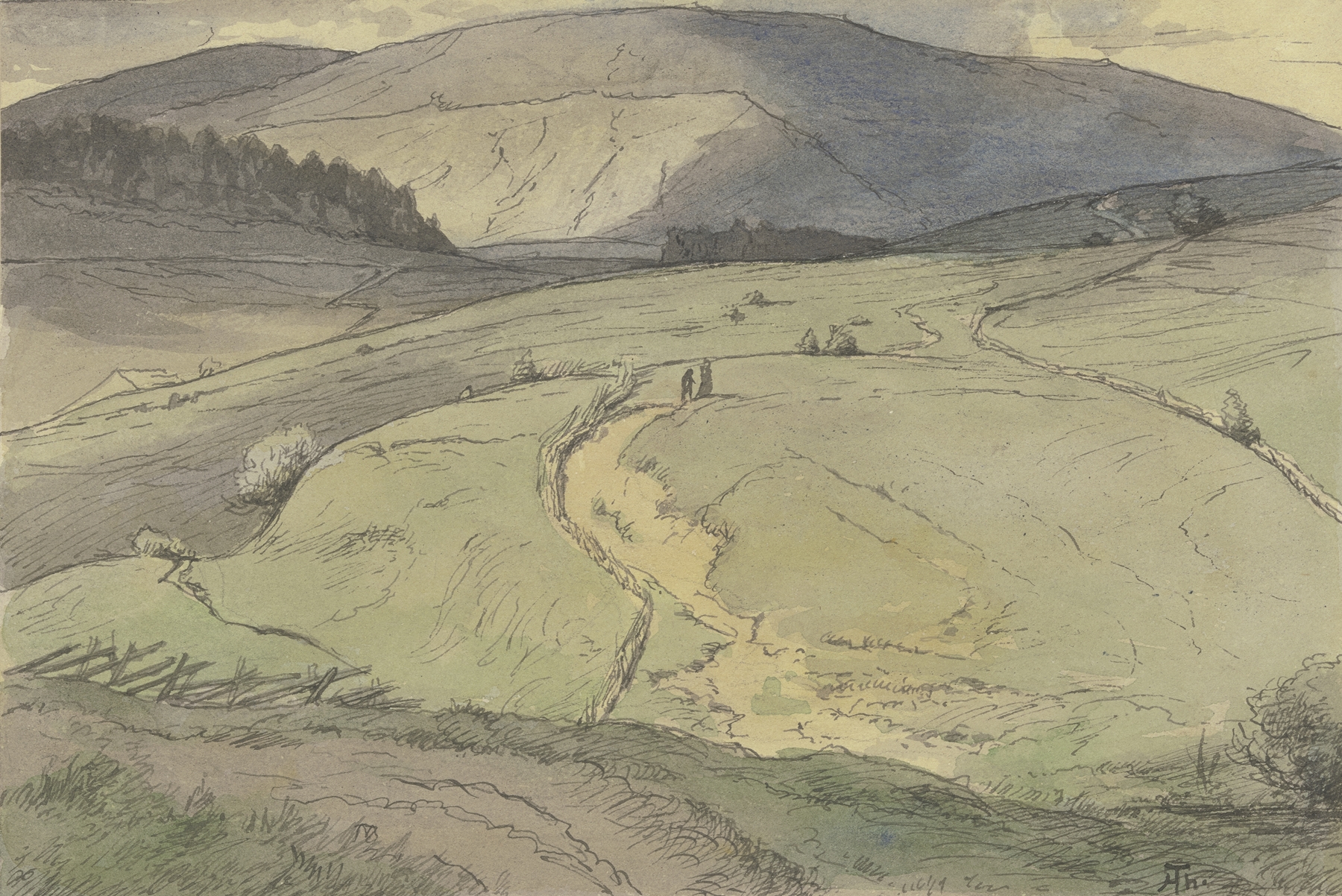 Landscape with rolling hills and mountains, oil painting by Hans Thoma
