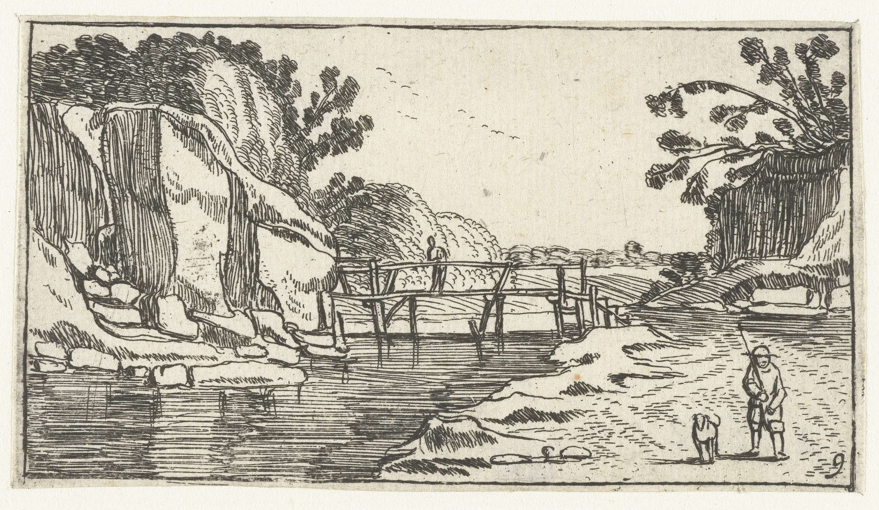 Landscape etching by Unknown Artist featuring a river and path