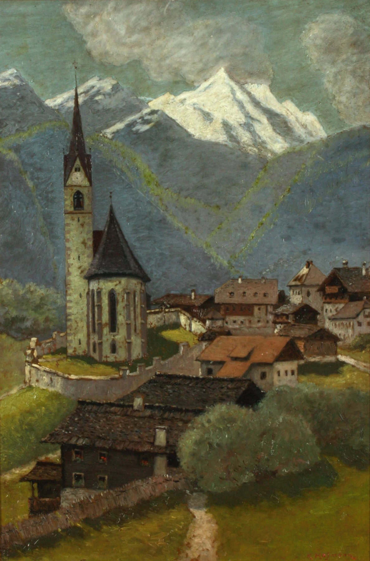 Heiligenblut by Karl Hofmann, oil on canvas depicting mountains and sunlight.