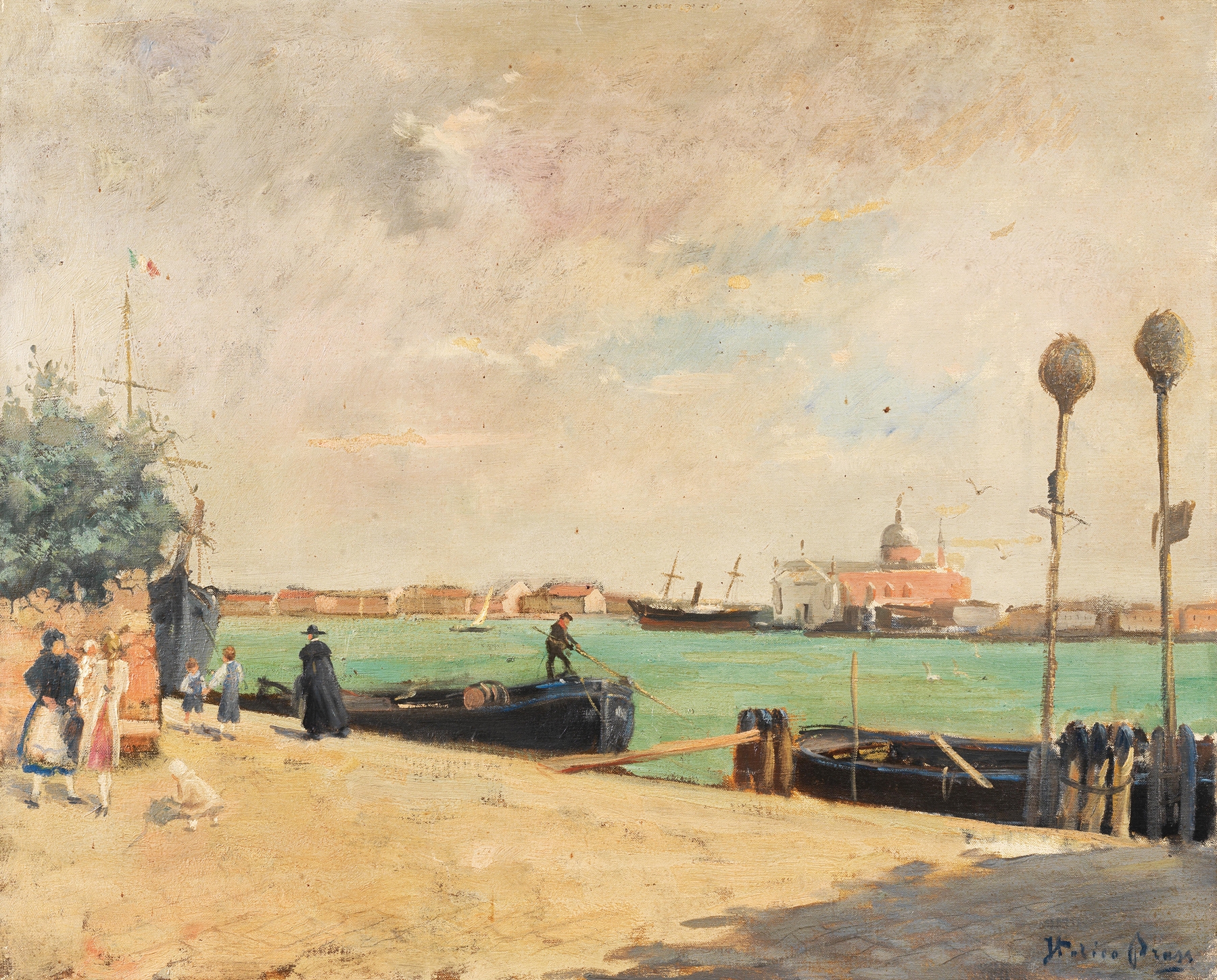 Venice, Zattere by Italico Brass, oil on canvas depicting a lively canal scene