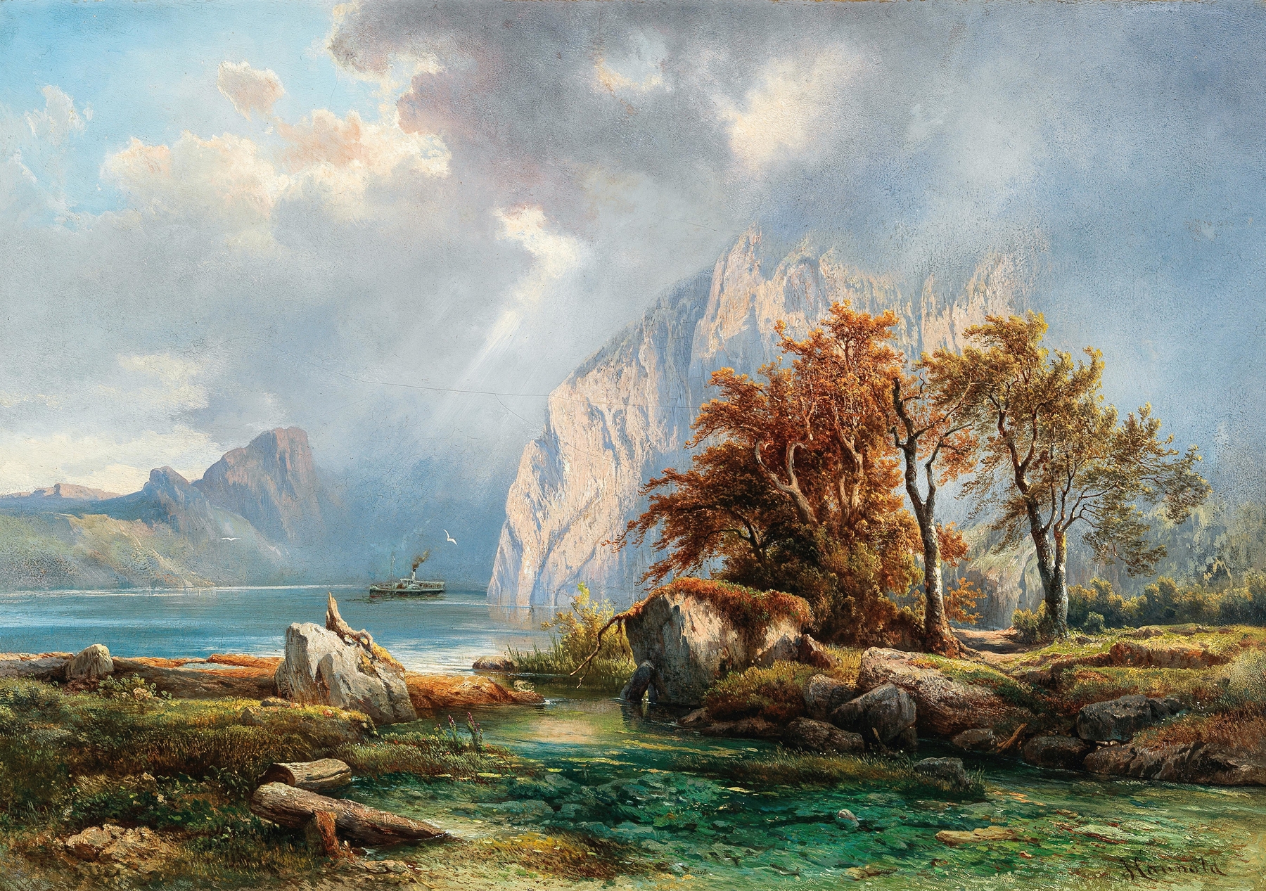 Landscape with a lake at dusk by Carl Franz Emanuel Haunold, oil painting