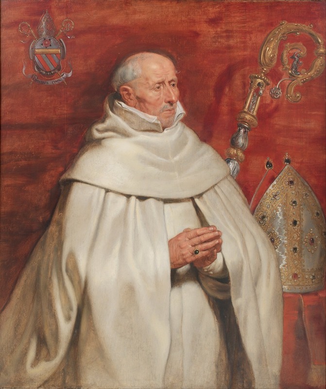 This painting depicts Matthaeus Yrsselius, Abbot of Sint-Michiel’s Abbey, in a detailed Baroque style.