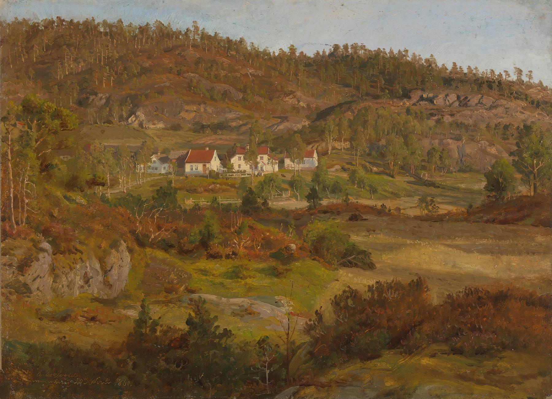 Landscape oil painting by Anders Askevold featuring rolling hills and a turbulent sky.