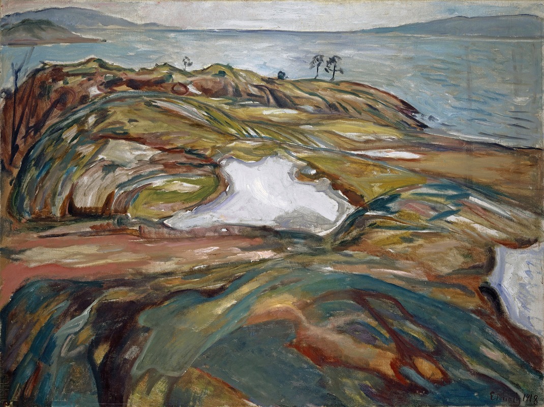 A vibrant landscape painting by Edvard Munch, showcasing a coastal scene.