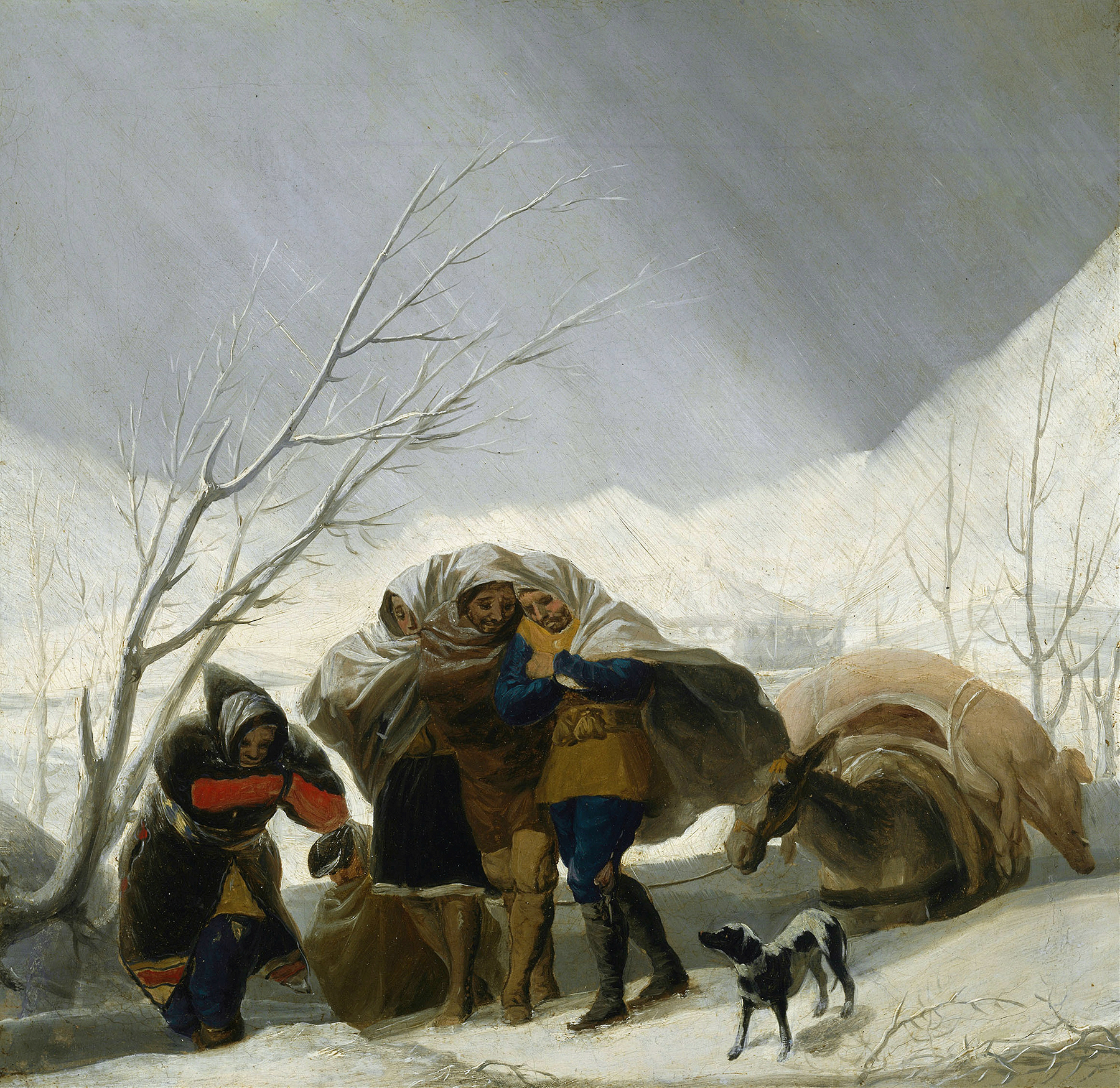 Winter Scene by Francisco de Goya, oil on canvas depicting a snowy landscape with trees and pale sky.