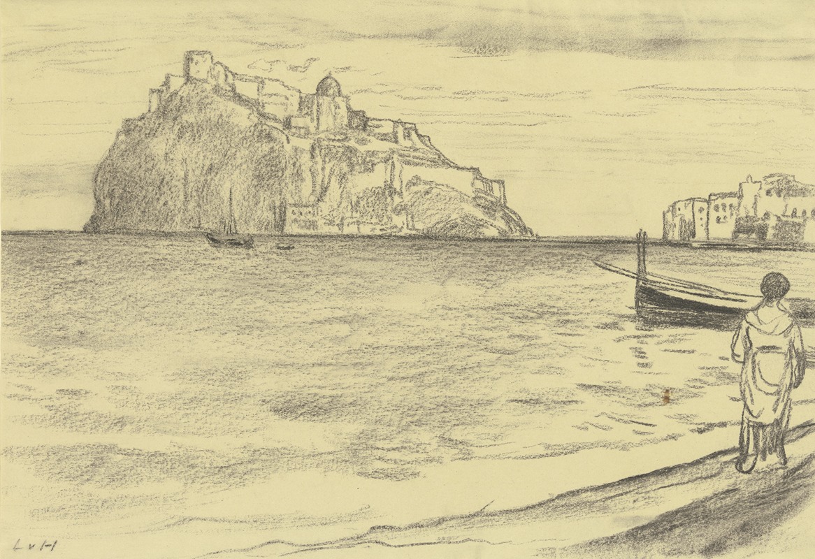 A picturesque landscape painting of Castle d’Ischia by Ludwig von Hofmann.