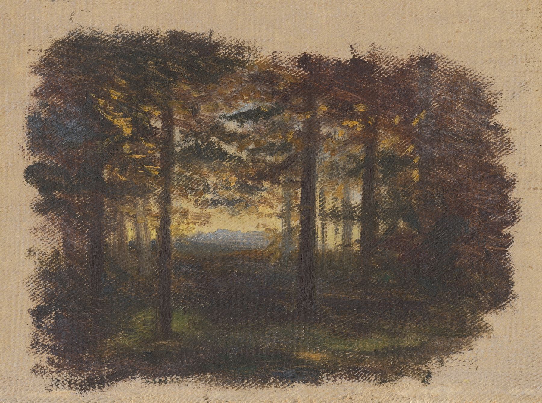 Oil painting by Jan Nowopacký depicting a forest at sunset with lush greens and shadows.