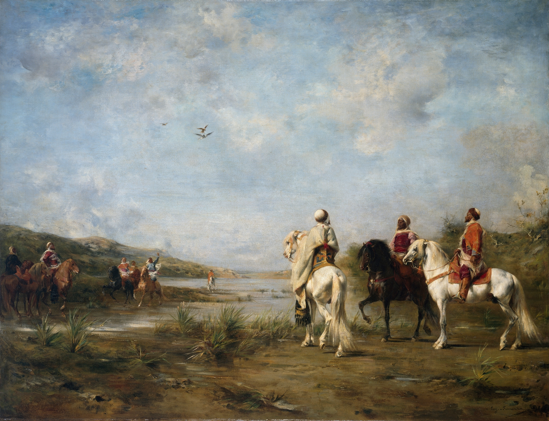 Falcon Hunt by Eugène Fromentin, oil painting of a falconer in a desert.