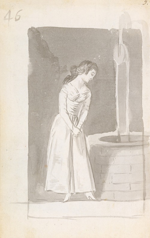 A young woman gazes into a well, her reflection visible in the water.