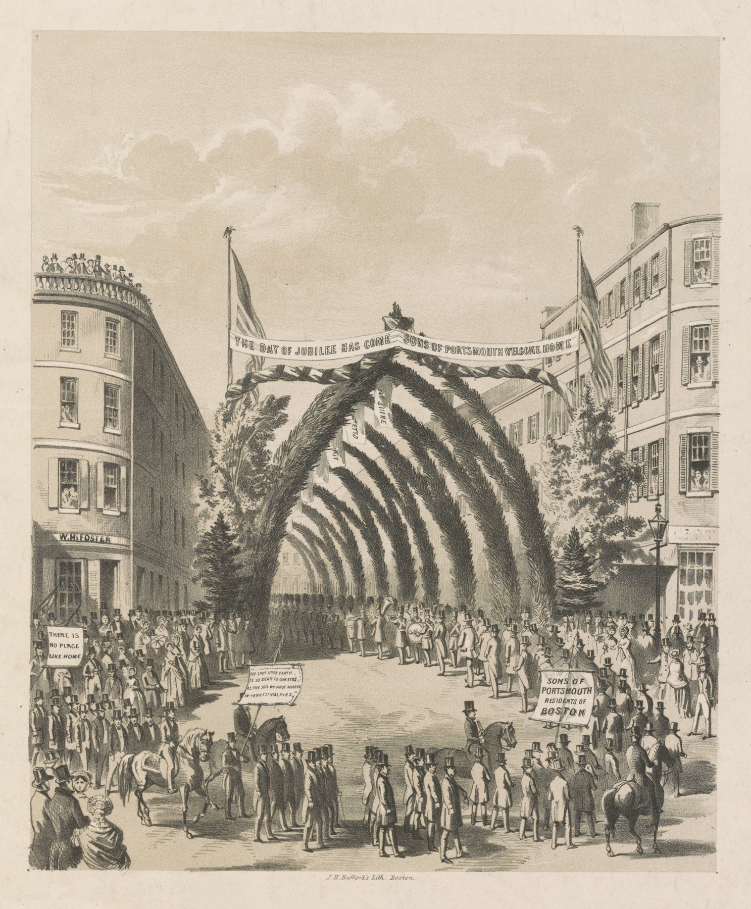 Market St. Portsmouth with its triumphal arches & grand procession of the sons of Portsmouth, July 4th, 1853, by John H. Bufford's & Sons, public domain