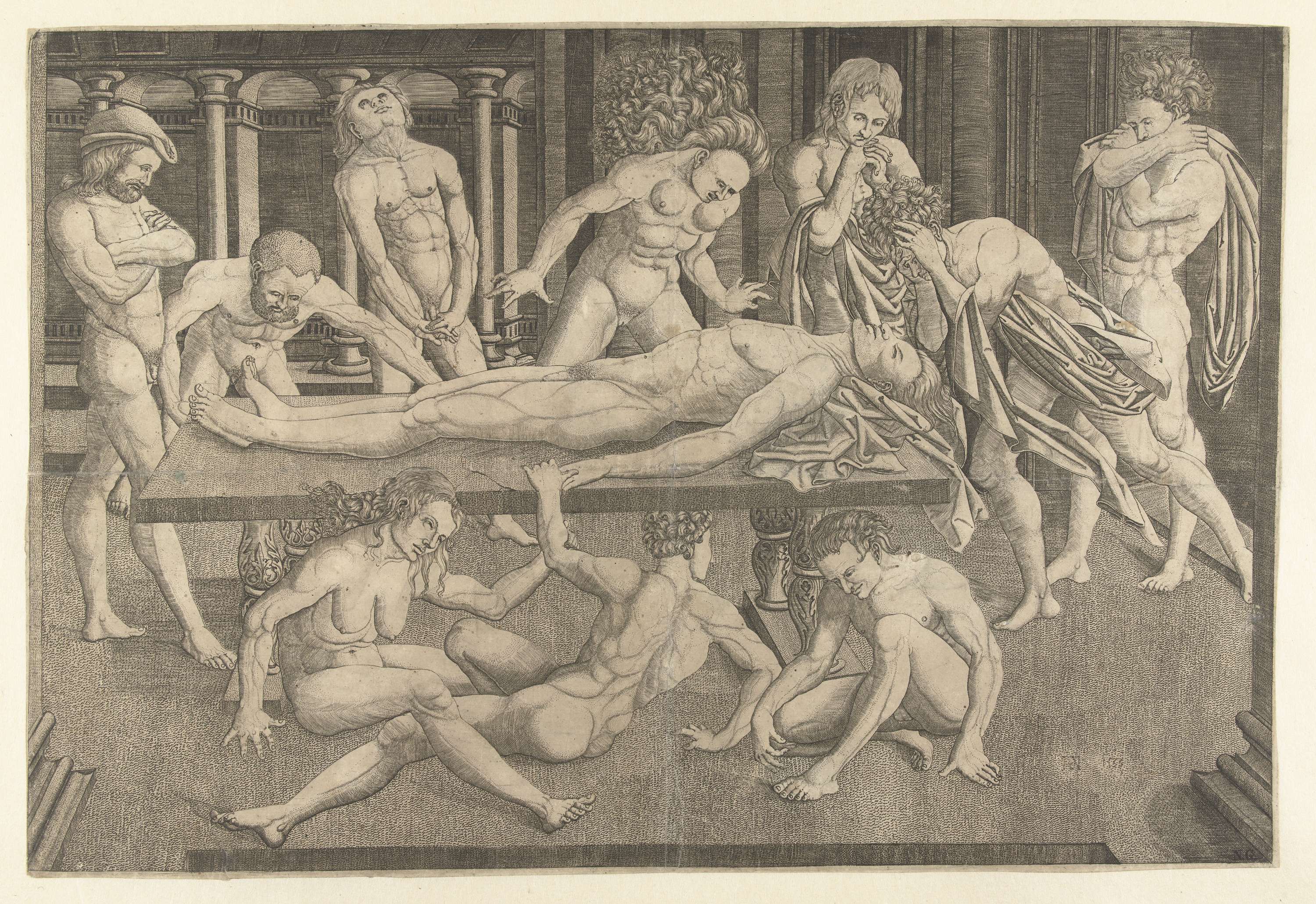Engraving by Allaert Claesz depicting mourners around a deceased figure