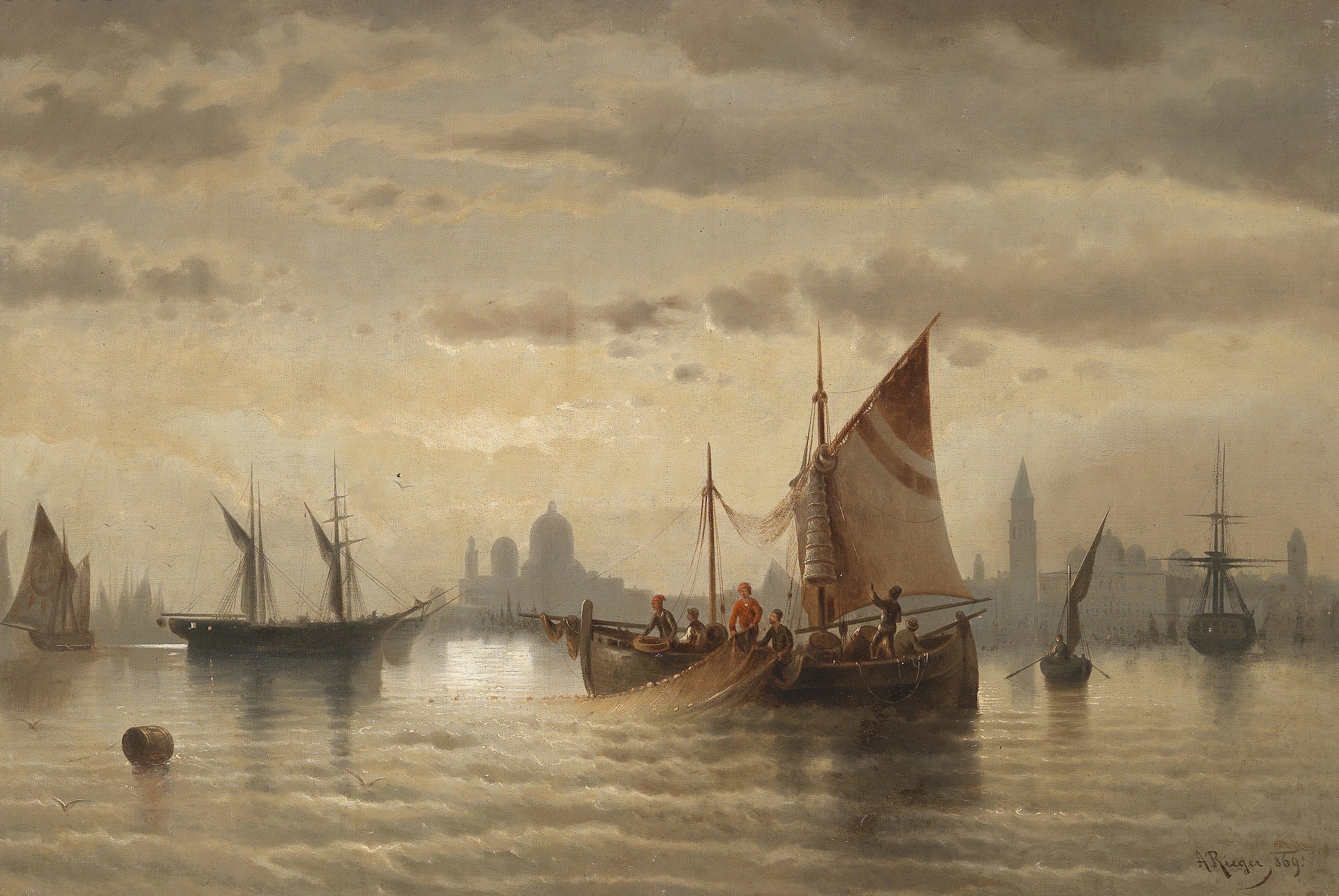 Marine scene with sailing ships in Venice by Albert Rieger, oil painting