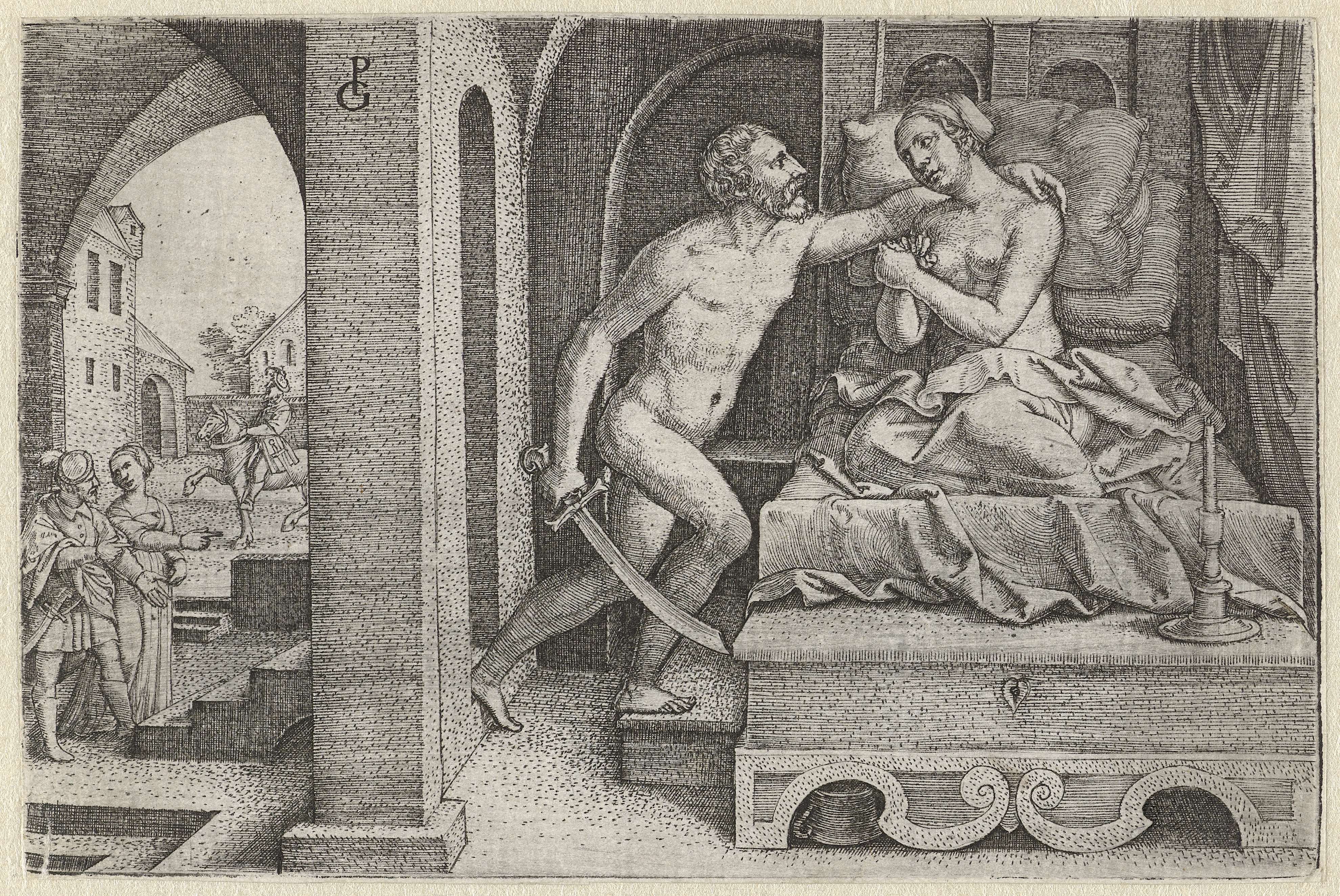 Sextus verkracht Lucretia onder bedreiging met zwaard, by Georg Pencz, public domain