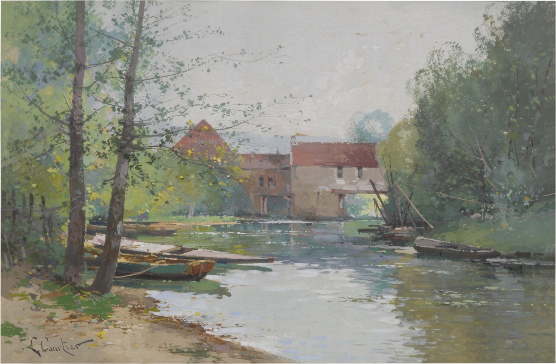 Vieux Moulin de Dennemont by Eugène Galien-Laloue, oil painting of a rustic mill at sunset.
