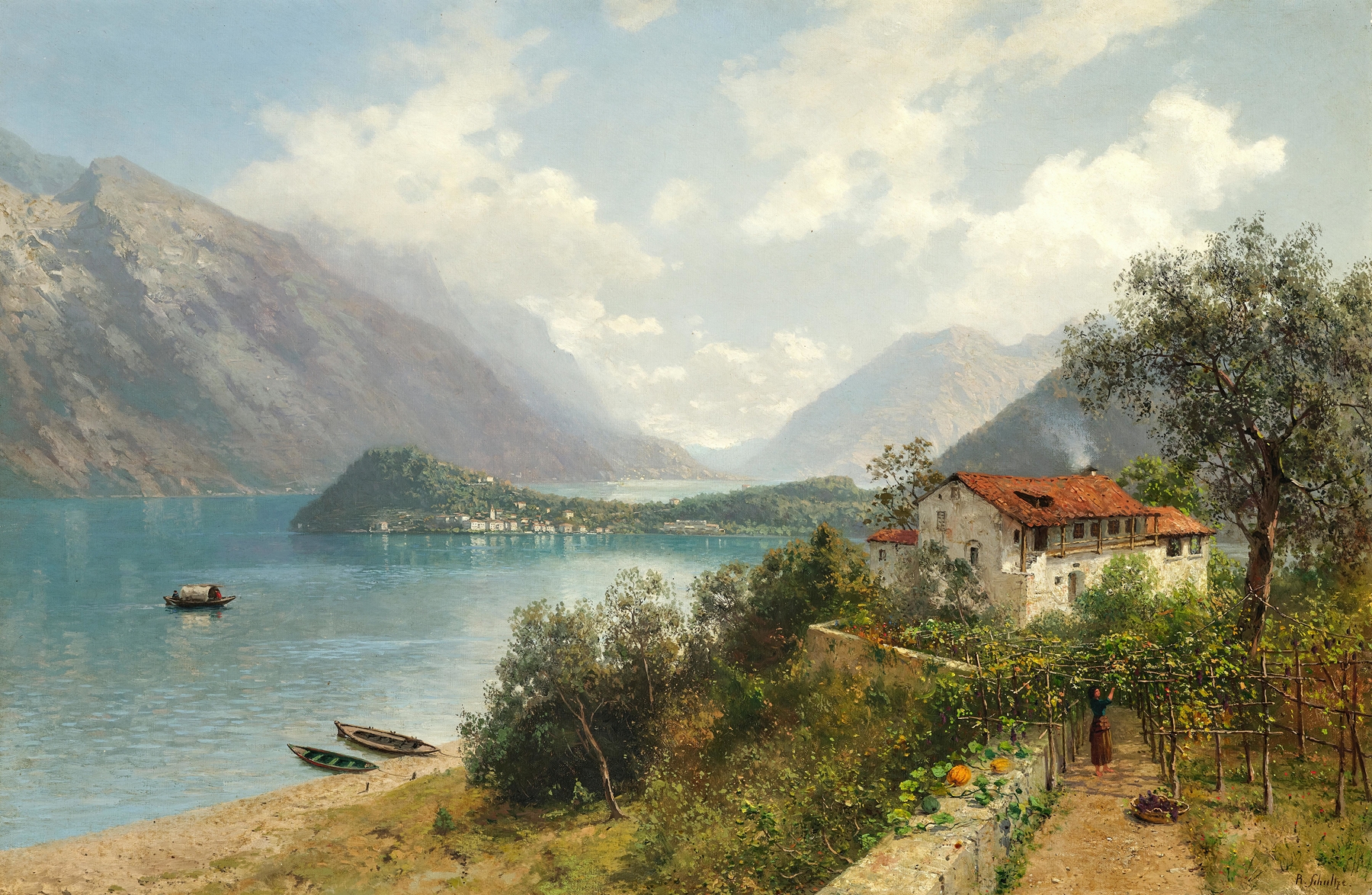 A View of Lake Como by Robert Schultze, oil on canvas, depicting tranquil waters and misty mountains.