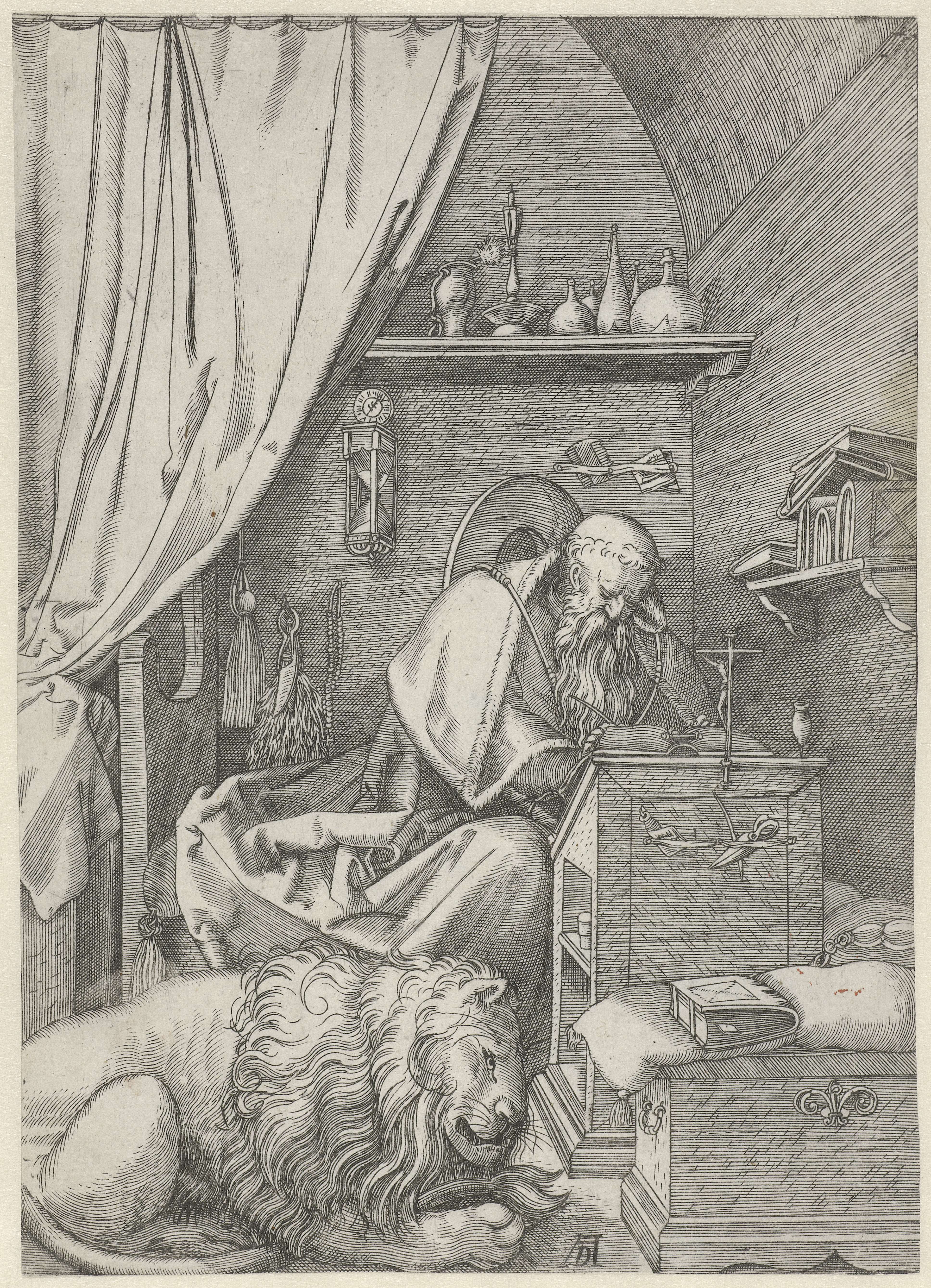 Engraving by Unknown Artist depicting a sage in contemplation with light and books.