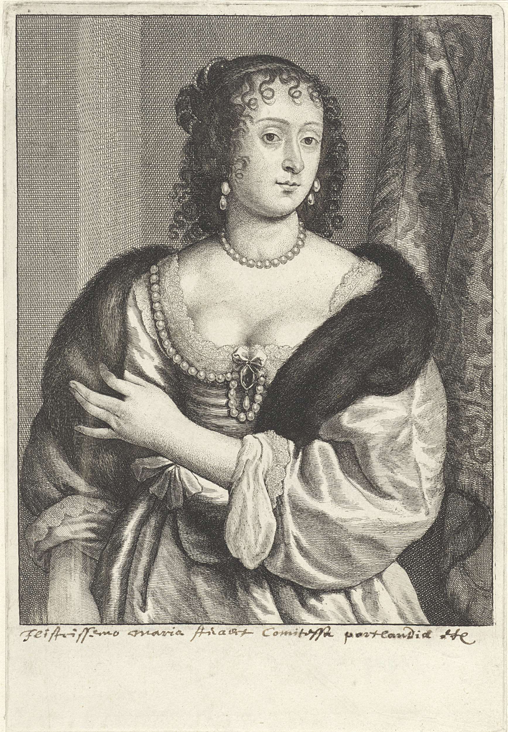 Etching by Wenceslaus Hollar of Frances Stuart, featuring her gaze and detailed fabric.